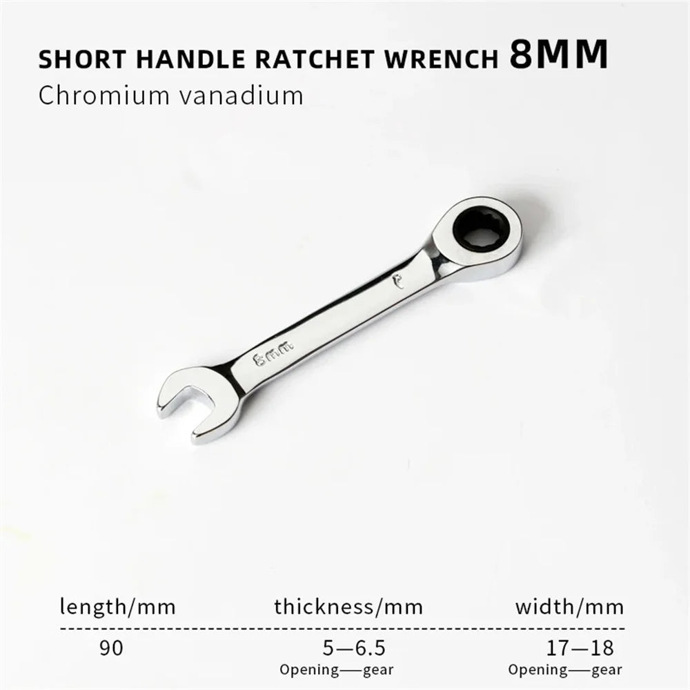 1Set 6mm-19mm Reversible Combination Stubby Single Wrench Stubby Combination 72 Tooth Ratchet Socket Spanner Nut Repair Tools