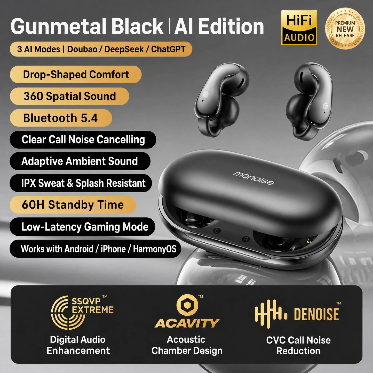 MONOISE Q8 AI Translation Earbuds Wireless Bluetooth 115 Languages Real Time Translator Semi In Ear Headphones with Mic