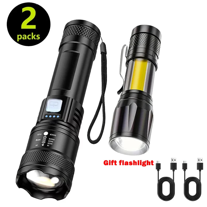 High Strong Power Led Flashlights 2000LM Tactical Torch with Display Light USB Charging Camping Fishing Emergency Zoom Lantern