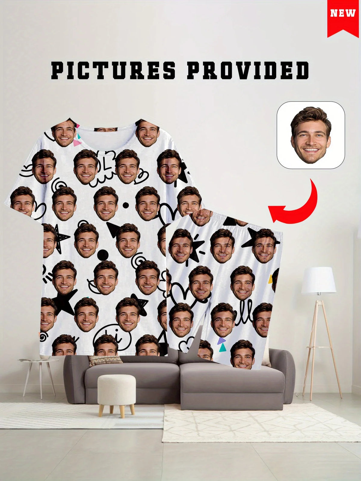 Men's Women's Facial Printed T-Shirt Shorts Set Personal Photo Customize Pajamas Comfortable Loose Home Set Valentine's Day Gift