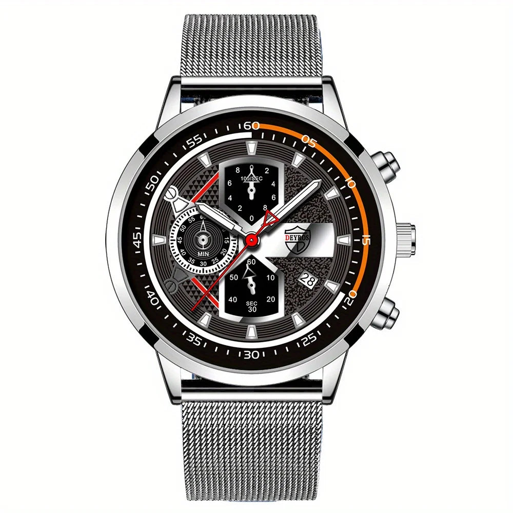 DEYROS Luxury 1/6 Pcs/ Set Men's Watch Set Quartz Outdoor Mesh Alloy Strap Trendy Style Men's Watches Gift Ideas