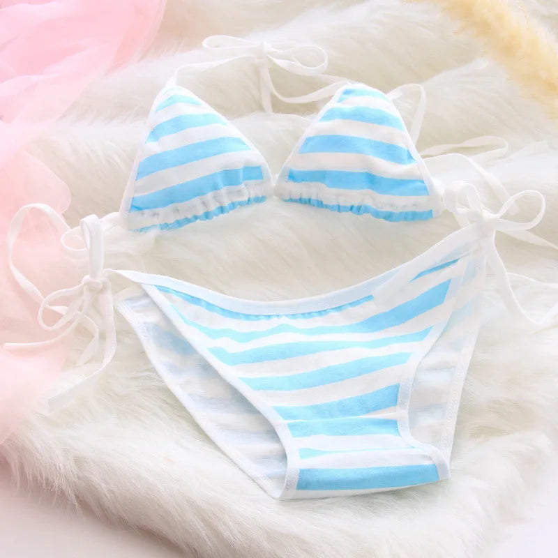 Lace-up Strap Blue and White Striped Set, Blue and White Fat Inner Two-piece Set Womens Lingerie Set Bra Set Sexy
