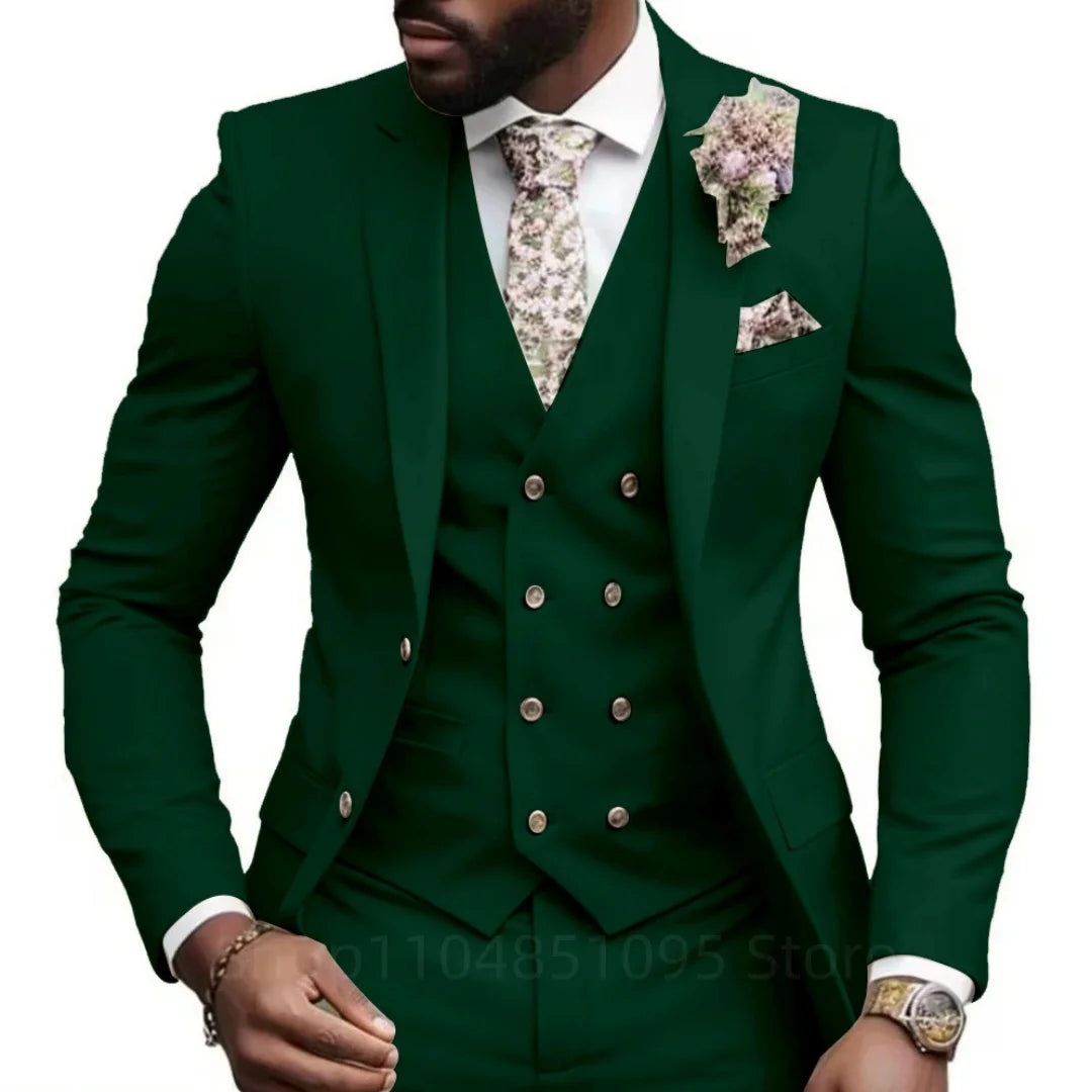 High Quality Green Business Men Suits Slim Fit Male Clothing Elegant Wedding 3 Piece Two Buttons Jacket Vest Pants Party Sets
