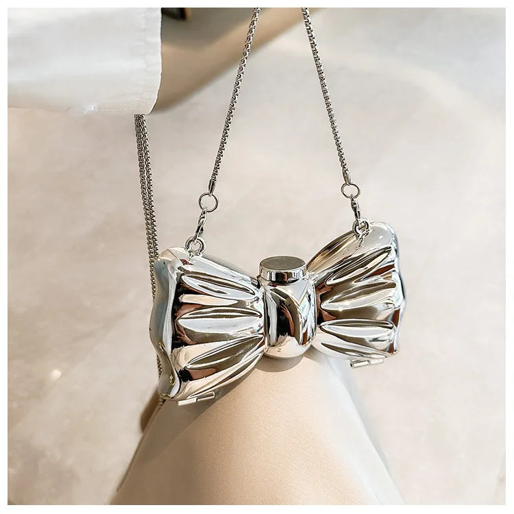 Luxury Designer Mini Bowknot Evening Bag for Women Girls Crossbody Handbag Chain Shoulder Bags Metal Purse for Party Wedding