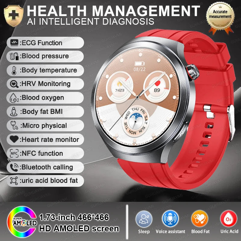 2026New 1.73-inch Sapphire AMOLED Smart Watch Men Women ECG Uric Acid Blood Pressure Health Track Call Clock Care Smartwatch NFC