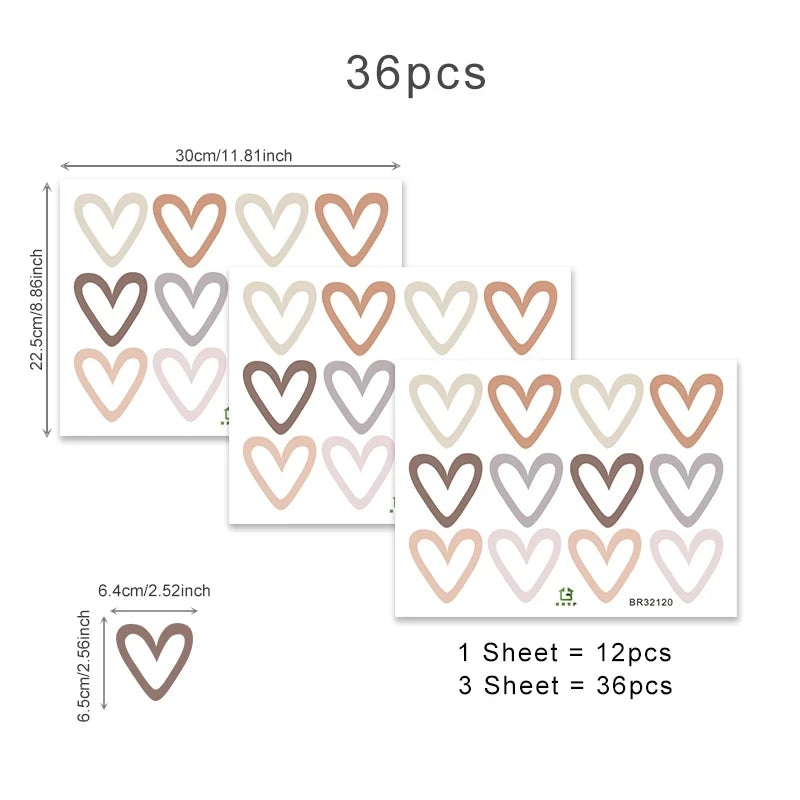 36Pcs Boho Hearts Wall Stickers For Home Living Room Children Girl Boy Bedroom Decoration Baby Nursery DIY Art Decals Wallpaper