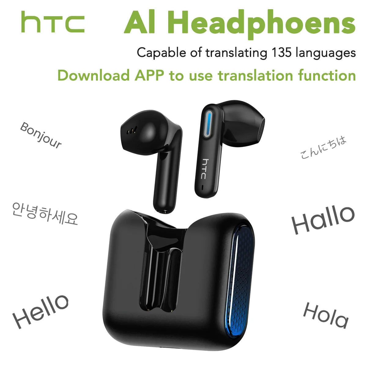 HTC NE49 Wireless Headphones Earphones Bluetooth V6.0 TWS In-Ear Comfortable Earbuds Ultra Low Latency AI Translator Earbuds