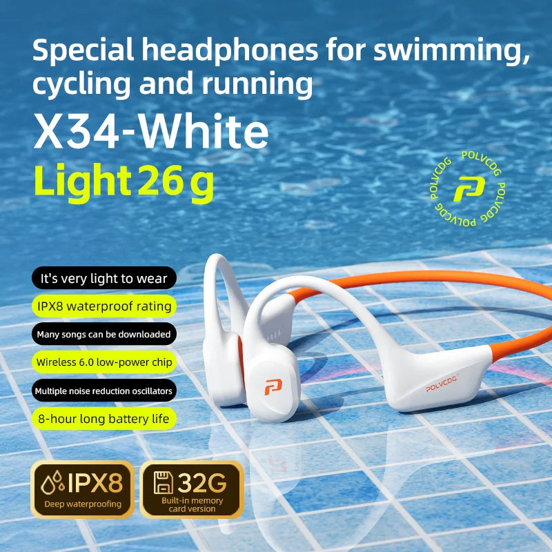 POLVCDG x34 Bone Conduction Swimming Earphones 32GB Memory IPX8 Waterproof Outdoor Trail Running ClimbingRock Climbing Earphones