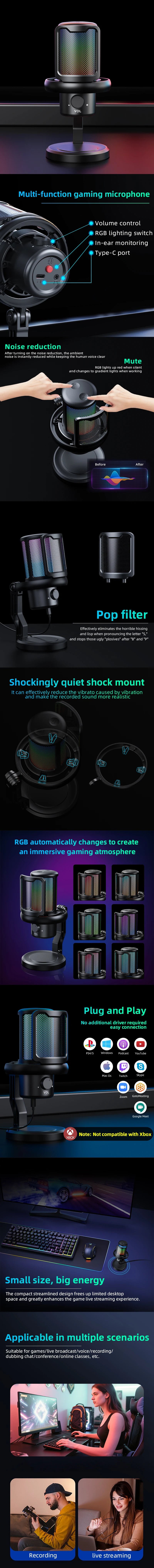 USB Microphone for PC RGB Gaming Microphone with Headphone Output And Touch-Mute Button Noise Cancellation for Recording Streami