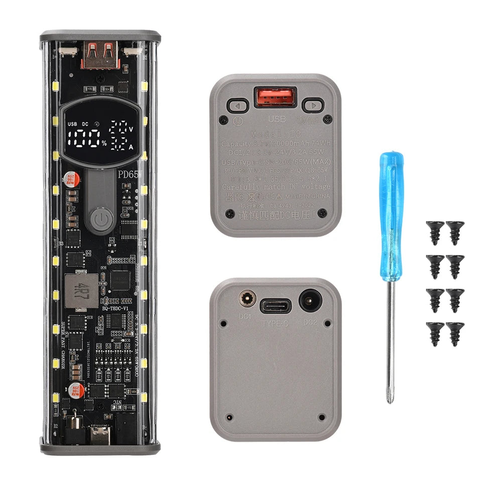 65W PD Fast Charge 8-Cell Solderless 18650 Power Bank Case 3.3-24V Adjustable DC DIY Battery Box LED Display Outdoor Light
