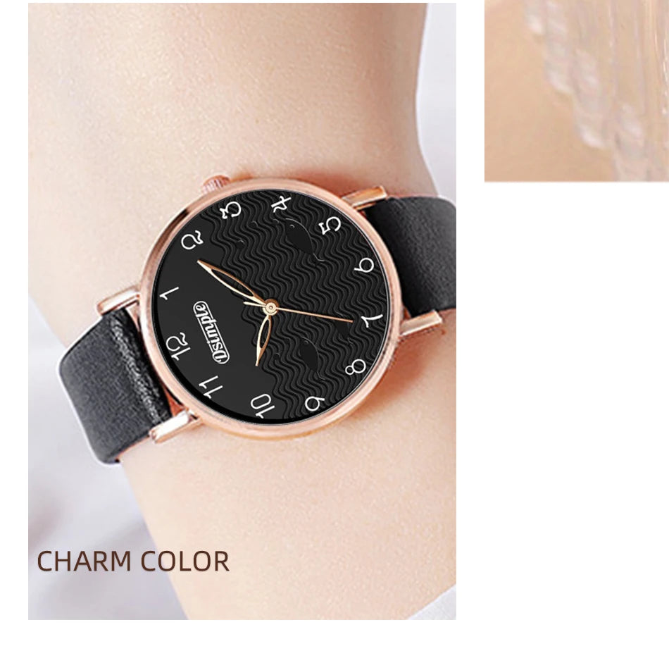 6pcs Sets Luxury Women's Black Leather Watches Butterfly Dial with Quartz Wristwatch Women Earring Bracelet Necklace Set