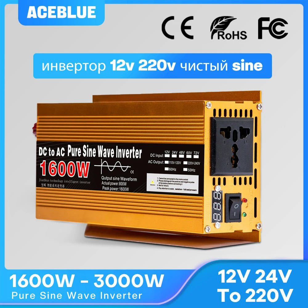Inwerter 12V 220V Czysta Sinusoida 1600W 2200W 3000W DC 12V Na AC 220V Przenośny Zasilacz Przetwornica Samochodowy Inwerter Solarny