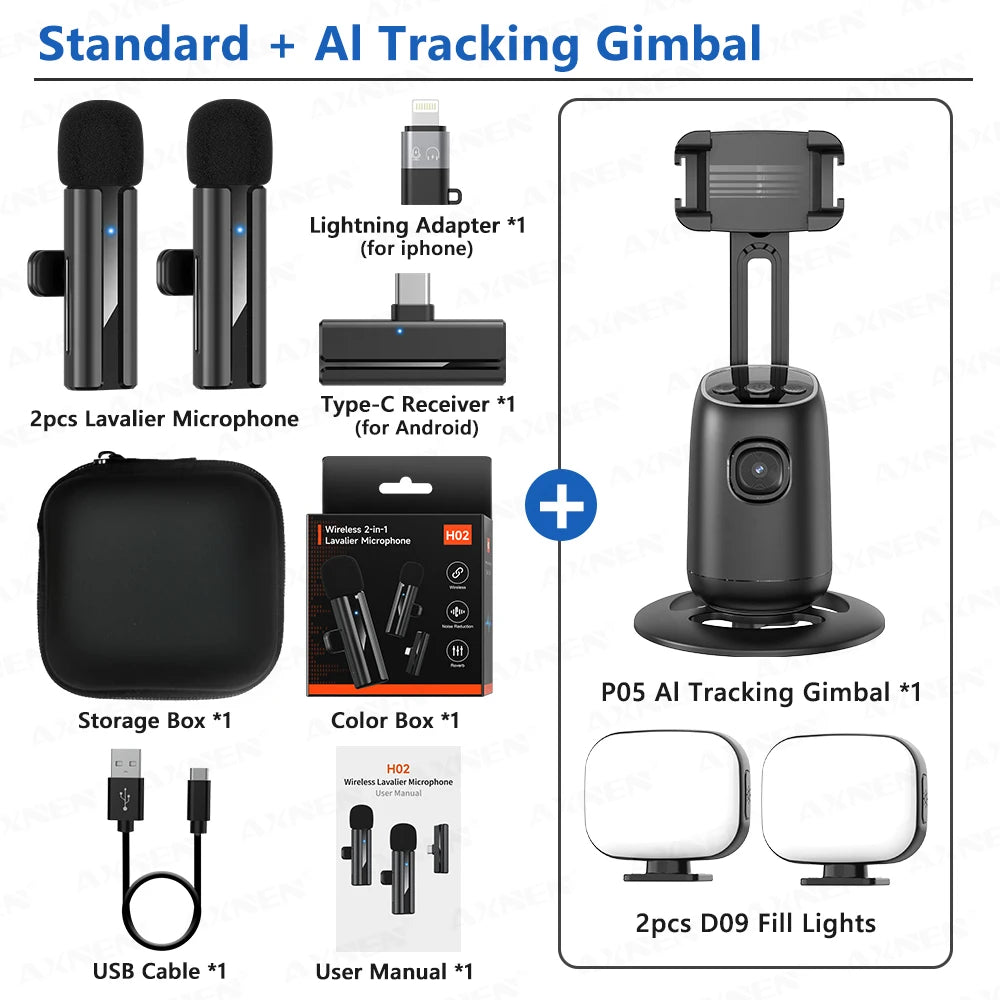 2-in-1 Wireless Lavalier Microphone for iPhone Android, Mini Pro Lapel Mic with Noise Reduction & Pickup for Vlog Live Recording