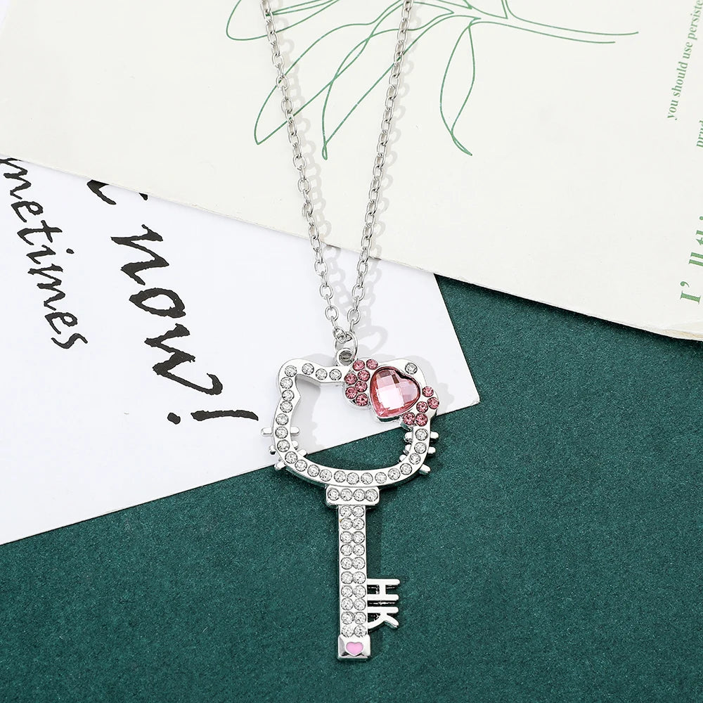 Kitty Cat Necklace Anime Pink Peach Heart Crystal Cat Key Pendant Jewelry Gift for Fans