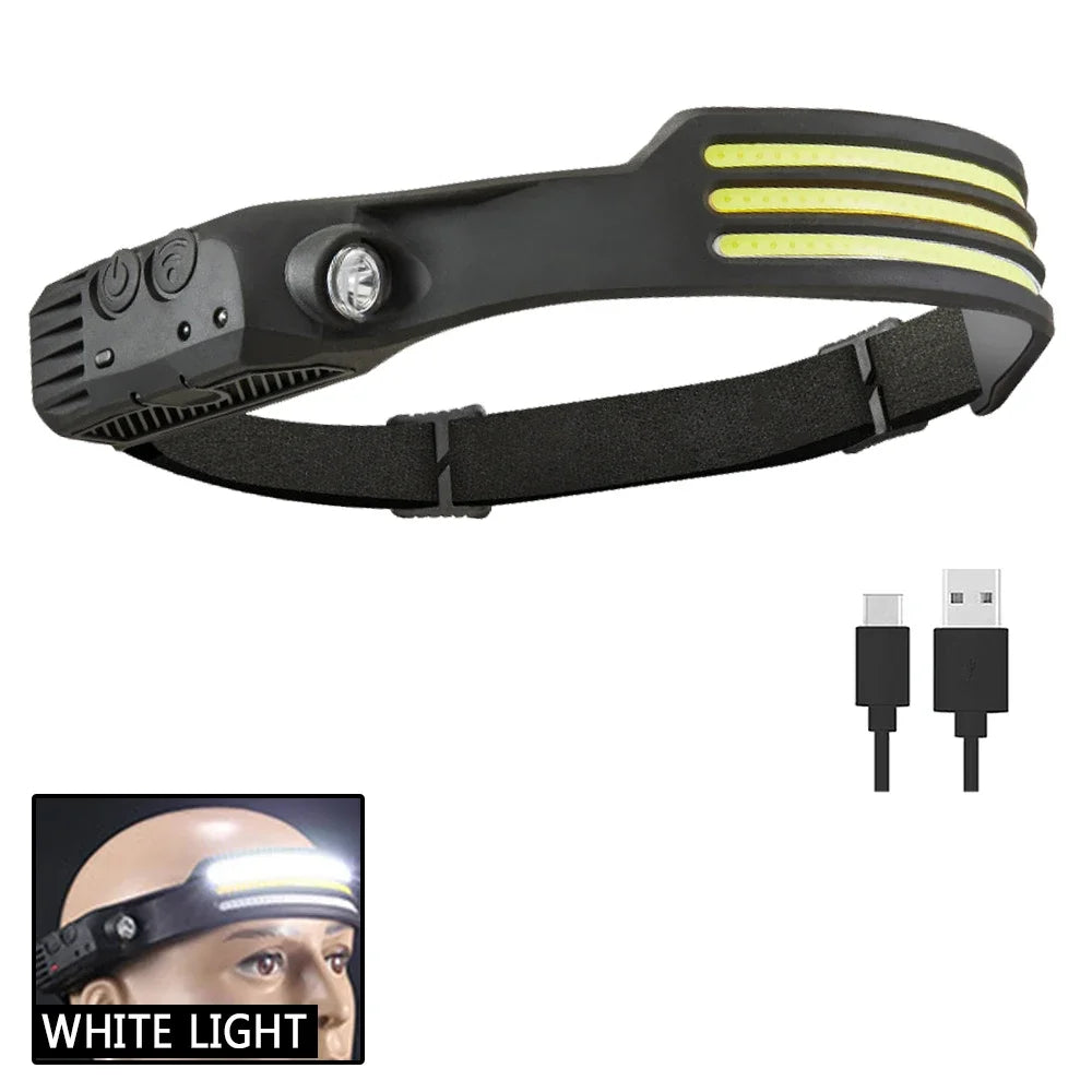 High Power COB Headlamp USB Rechargeable Lamp with 4 Lighting Modes Portable Light with Red/White Light Outdoor Camping Lantern