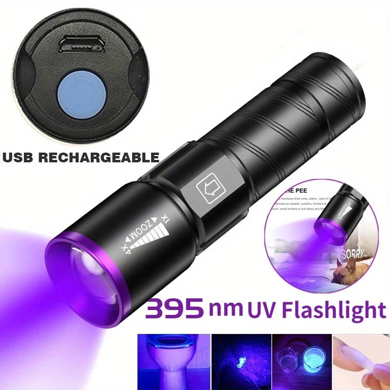 395nm LED UV Flashlight Rechargeable Zoomable Torch Light for Pet Urine Stain Detector Tools Lantern Money Fluorescer Detector