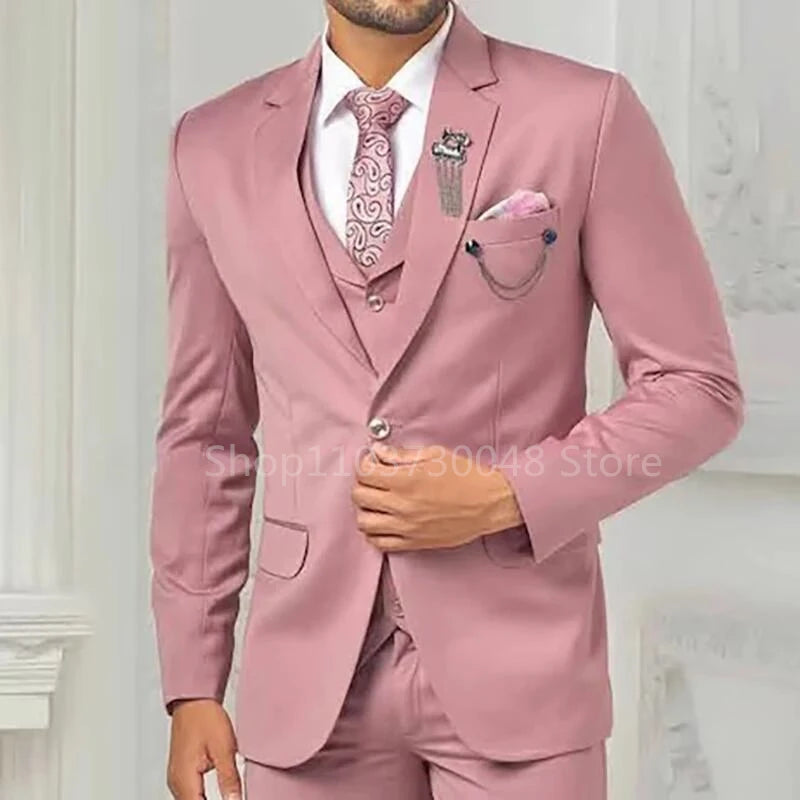Elegant Pink Men's Suits 3 Piece Notch Lapel Casual Tuxedos for Wedding Groomsmen Suits Business Men Suits(Blazer+Vest+Pant)