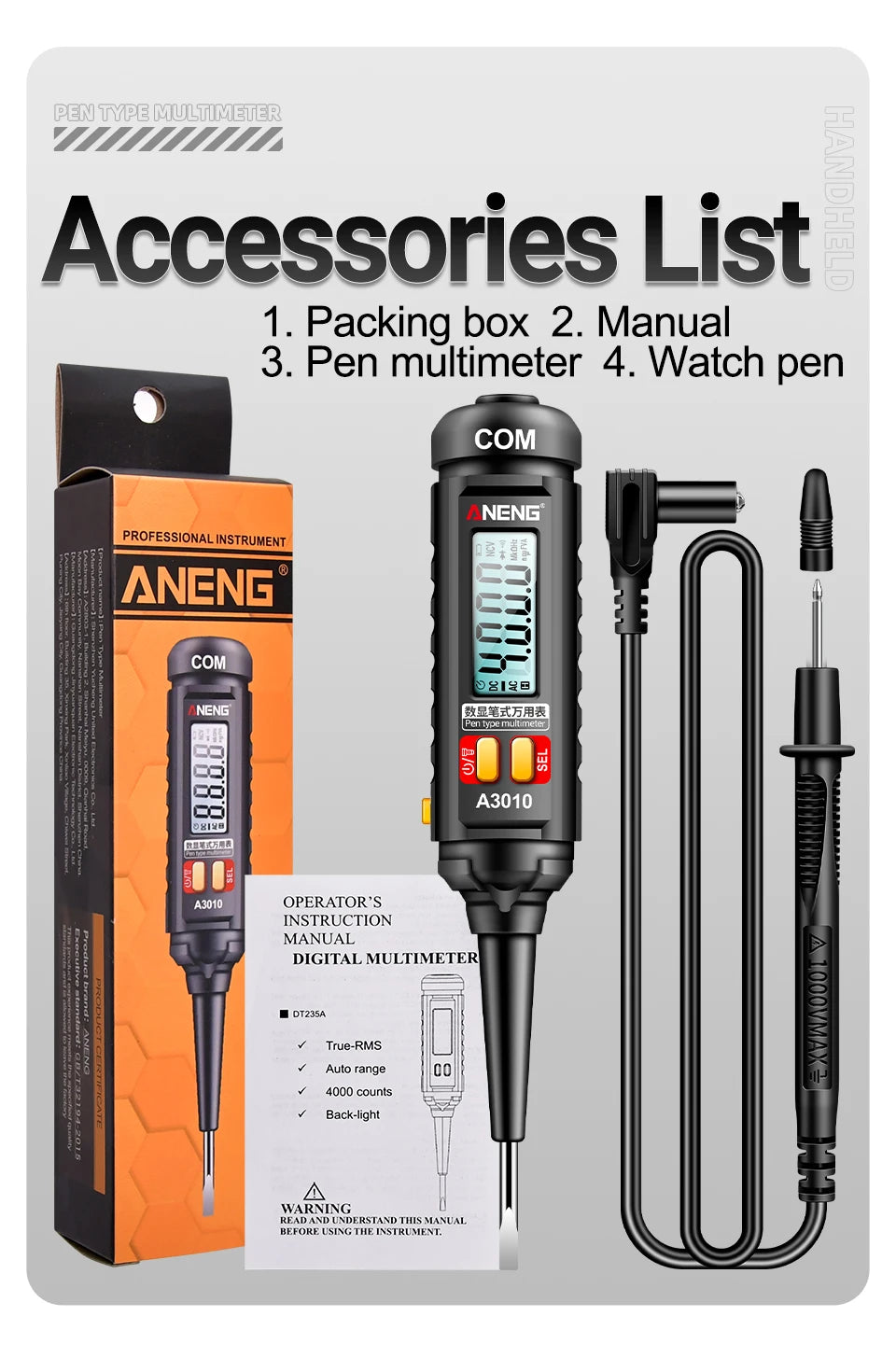 ANENG A3010 Pen-Type Multimeter 4000 Counts Digital True-RMS Backlight Multi Meter Auto Range Tester LCD Electrician Tester Tool