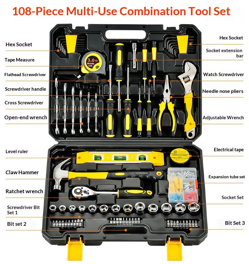108 Pcs/set Socket Wrench Auto Repair Tool Combination Package Mixed Tool Set Hand Tool Kit with Plastic Toolbox Storage Case