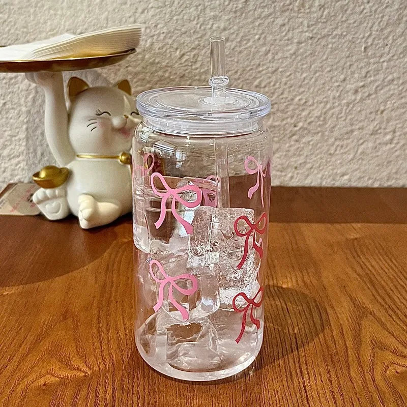500Ml Pink Bow Print Water Bottle Drinking Can Iced Hot Coffee Juice Plastic Cup Pink Bowknot Tumbler Cup Straw Cup