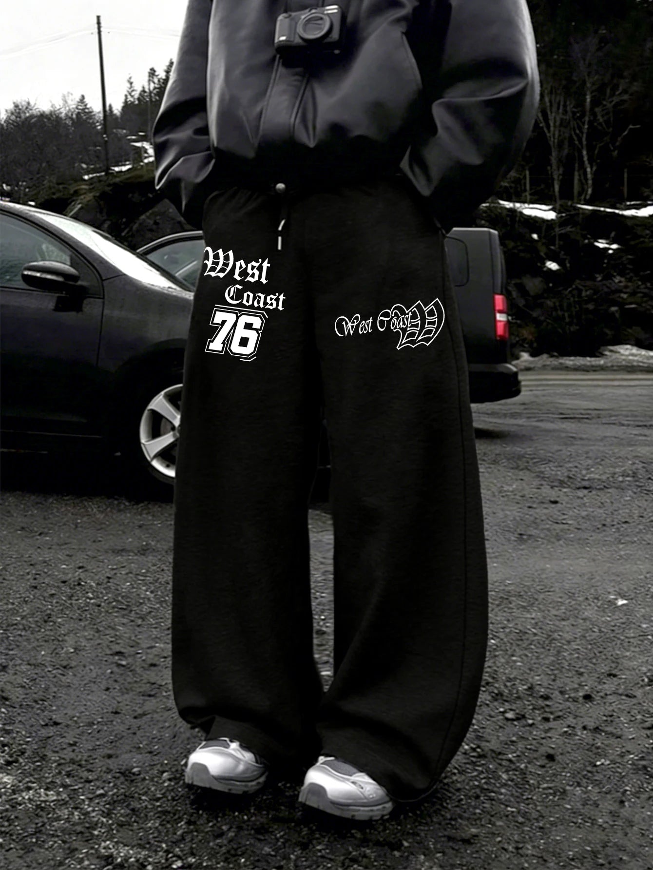 Men Wide Leg West Coast 76 Double Side Print Sweatpants 100% Polyester Gothic Baggy Y2K Drawstring Casual Jogger Pants
