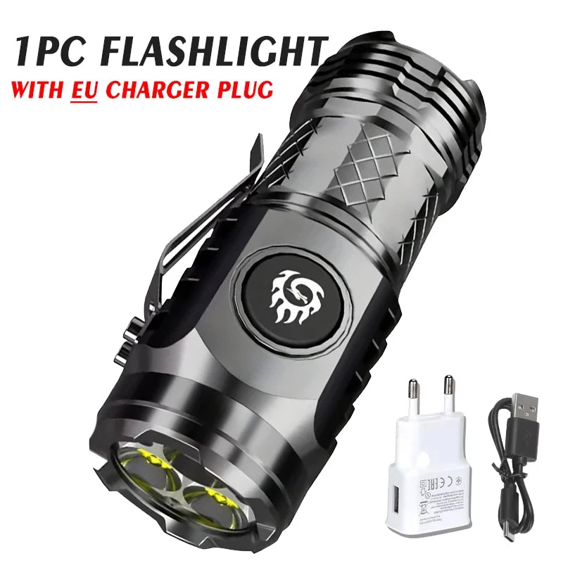 High Strong Power LED Flashlight Built-in Battery Type-C Rechargeable with Pen Clip Torch Outdoor Camping Emergency Lantern