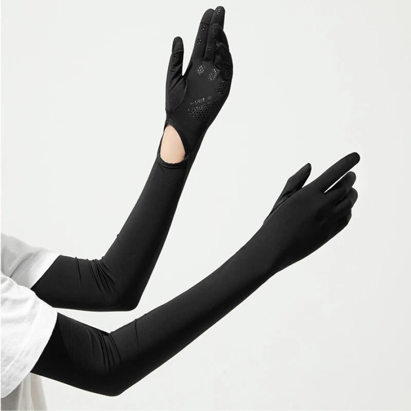 56.5CM Women Summer Ice Silk Sunscreen UV Protection Long Clamshell Gloves Elasticity Antiskid Quick Drying UPF 50+ Adjustable