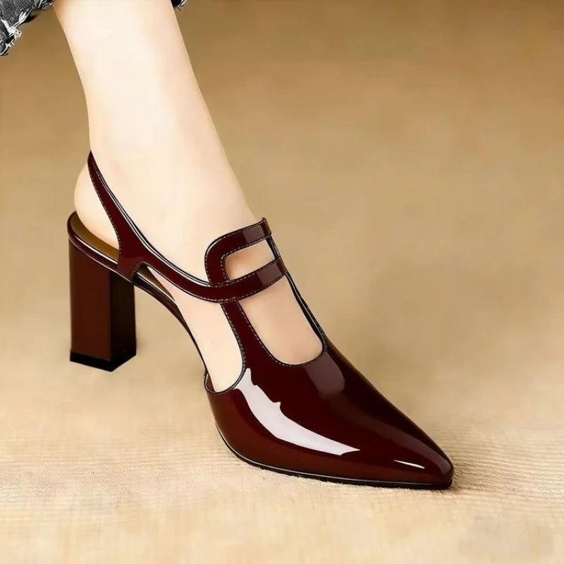 Women Pumps Pointed Toe Block High Heels Slingback Mary Janes Cutout Ankle Strap Elegant Office Career Dress Shoes