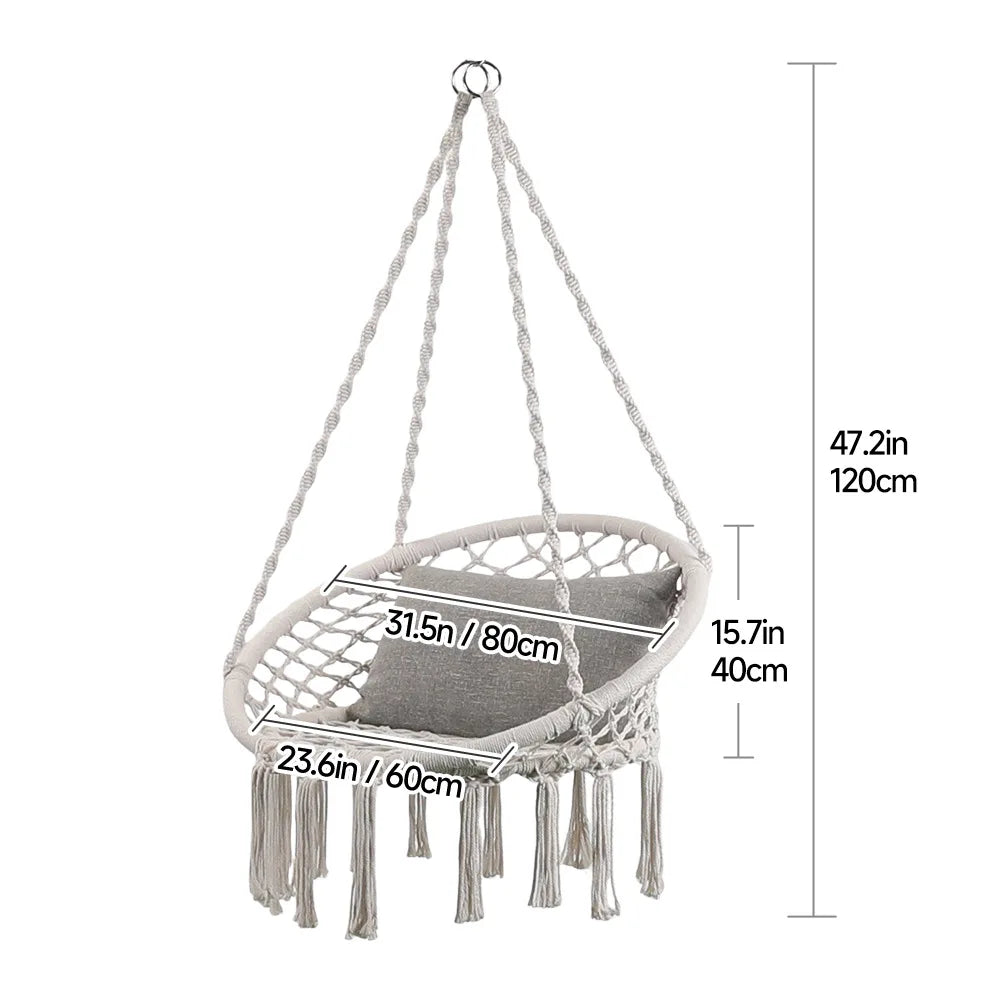 Nordic Style Cozy Macrame Hanging Chair Swing for Balcony Boho Egg Swing Seat Indoor Outdoor Rope Hammock Chair with Fringe