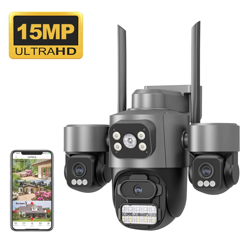 15MP ICSEE Protocol Security Camera 3-HD Screens Auto Tracking Color Night Vision 2-Way Audio Outdoor WiFi CCTV Cam