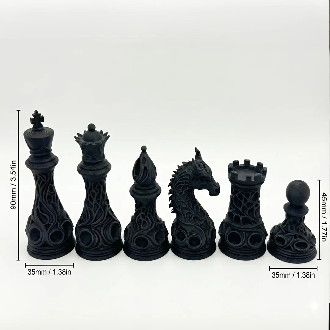 32pcs Gothic Dragon Chess Pieces Set Black White 3D Printed Hollow Design Tabletop Ornament Gift for Chess Lovers