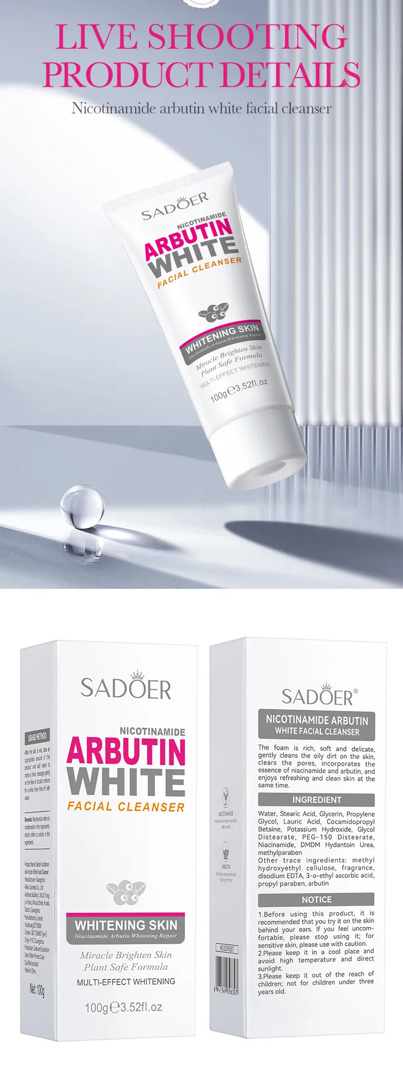 SADOER Niacinamide Arbutin Facial Cleanser Deeply Cleansing Oil Control Moisturizing Blackhead Removal Wash Foam Skin Care