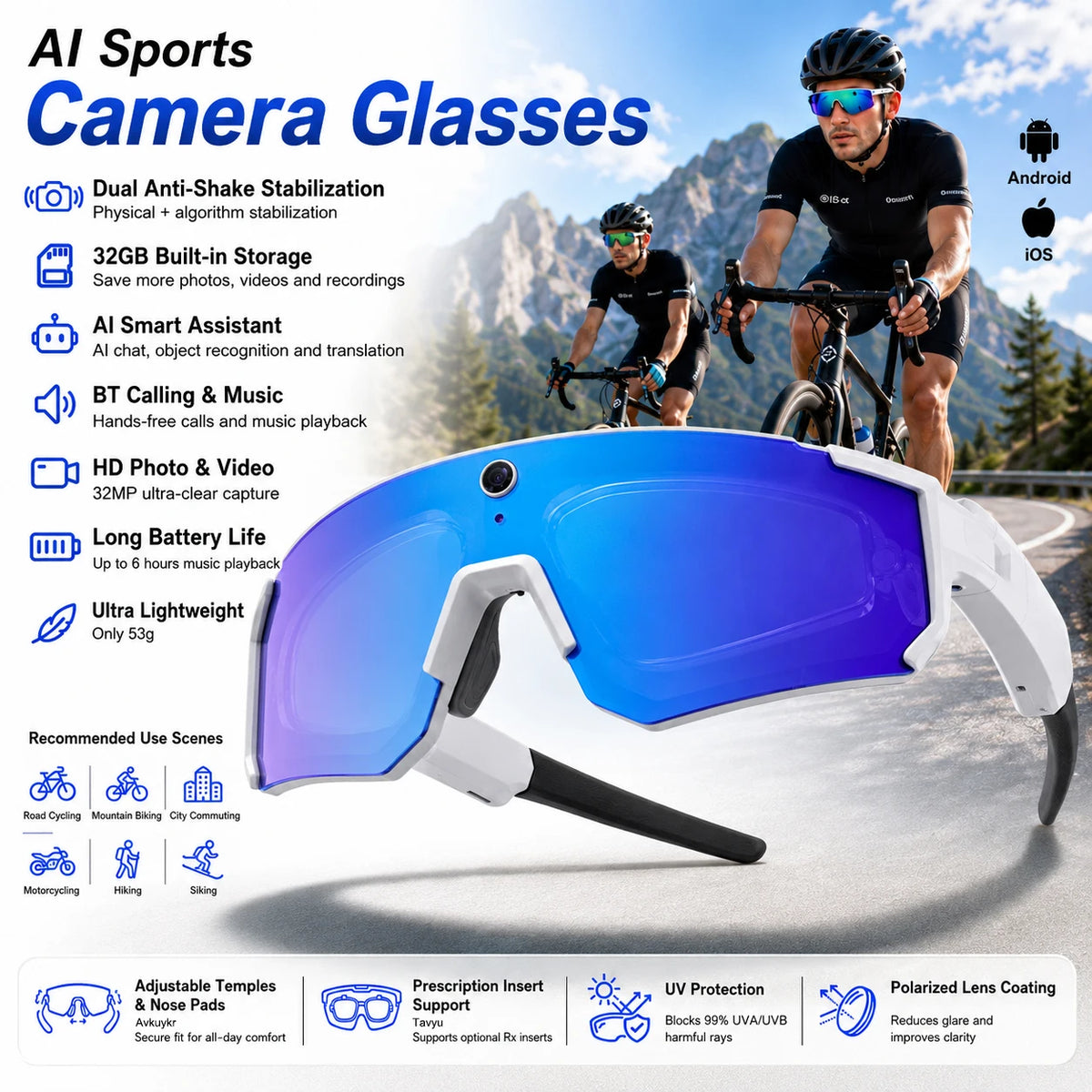 Smart POV Camera Glasses 8MP HD 4K60FPS POV Video Anti-Shake Open-Ear Audio Voice Assistant Running Cycling Sunglasses Men Women