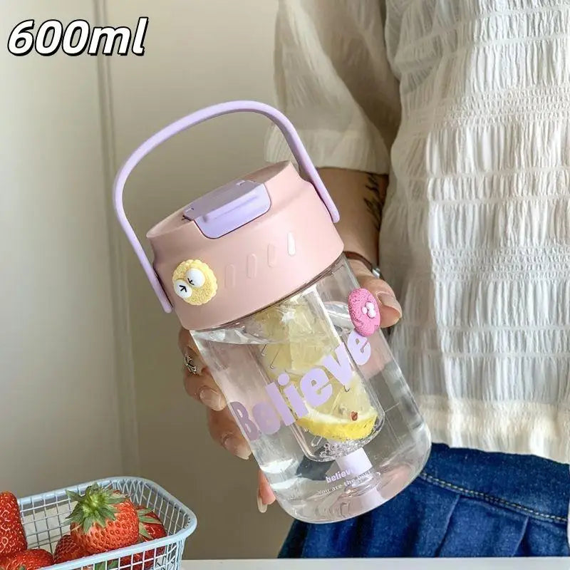600/800ml Large Capacity Sports Water Bottle With Hidden Straw Portable Sealed Leak-Proof Plastic Cup Outdoor Travel Camping