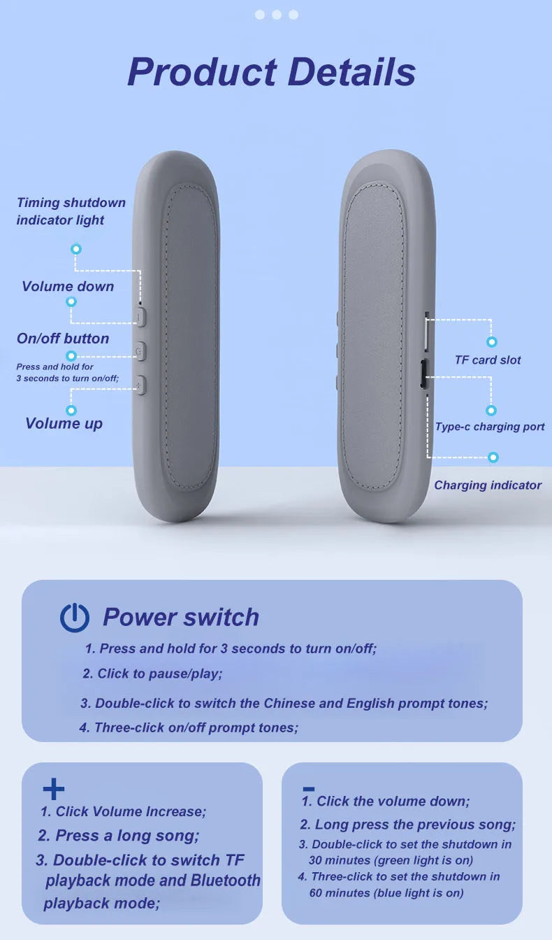 Mini Bone Conduction Bluetooth Speaker Sleep Aid Wireless Sound Bar Under Pillow Stereo TF Card MP3 Music Player Timed Shutdown