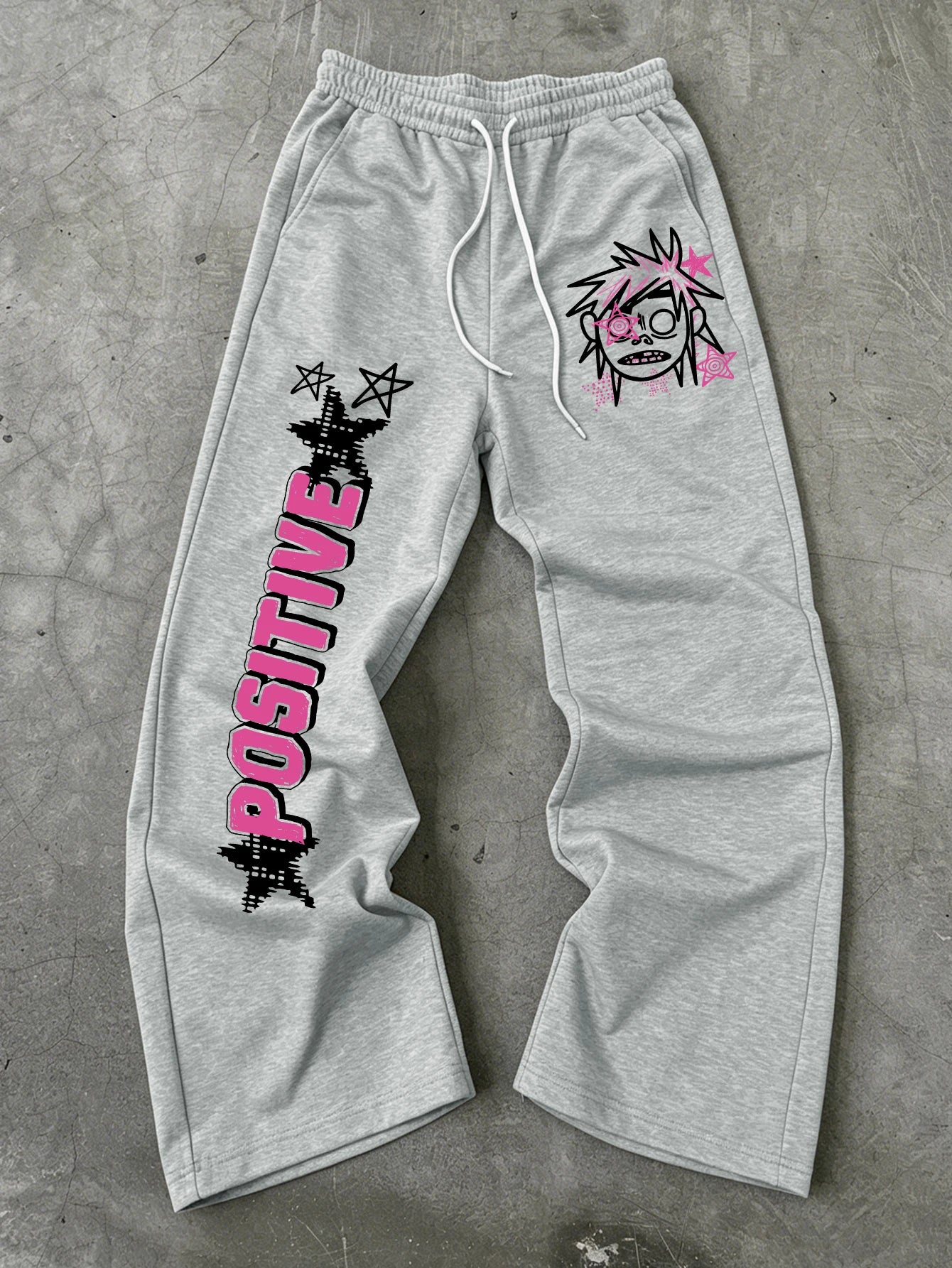 Men Wide Leg Punk Cartoon Sweatpants 100% Polyester Positive Star Dual Side Print Baggy Y2K Drawstring Jogger Pants