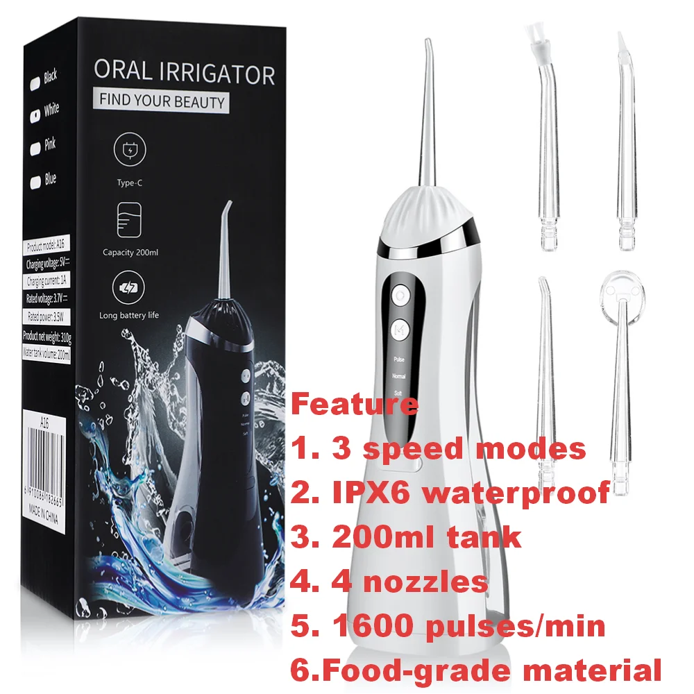 Inteligentny irygator doustny elektryczny 220 ml, nić wodna, 3 tryby, ładowalny, przenośny, irygator do zębów, do czyszczenia zębów