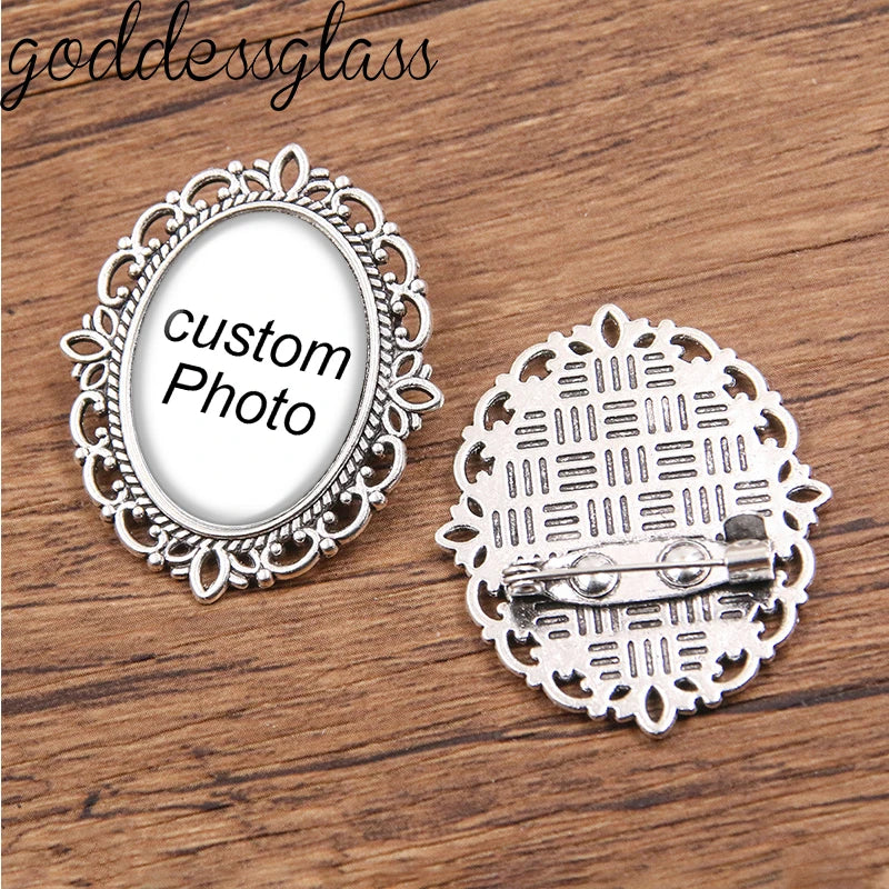 Personalize Custom Retro Oval Brooch Pin Photo Logo Silver plated/Bronze For Family Anniversary Collar 18x25mm Oval safety Pins