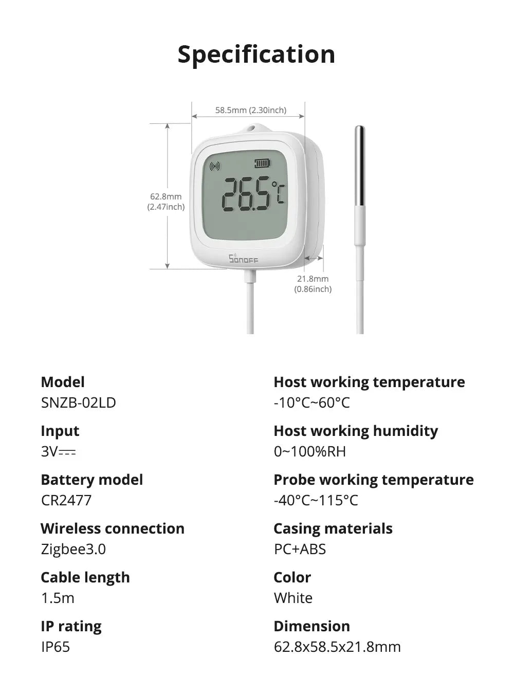 SONOFF SNZB-02LD Zigbee3.0 LCD Smart Thermometer with Probe IP65 Waterproof for Fridge Pool Fish tank Wine Cellar via ZBBridge-P
