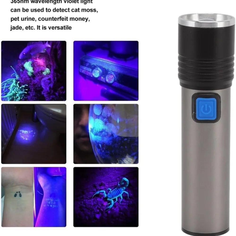 USB Rechargeable 365nm UV Flashlight Aluminum Portable Ultraviolet Light Torch Black Light Pet Urine Detector Black Flashlights