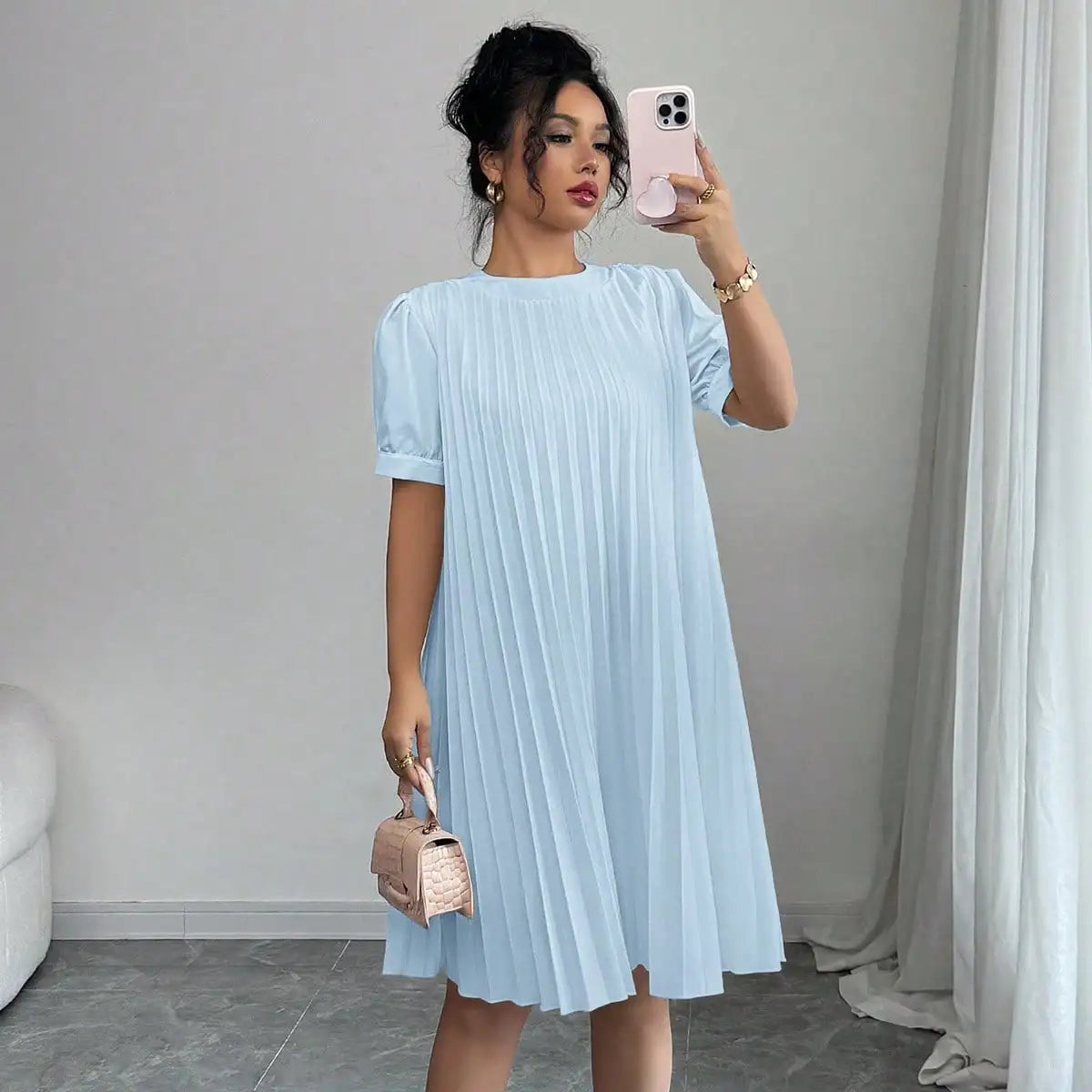 Women's Pure-Color Pleated Puff Sleeve Midi Dress - Elegant Round Neck Loose A-Line Swing Dress for Office, Casual Daily Holiday