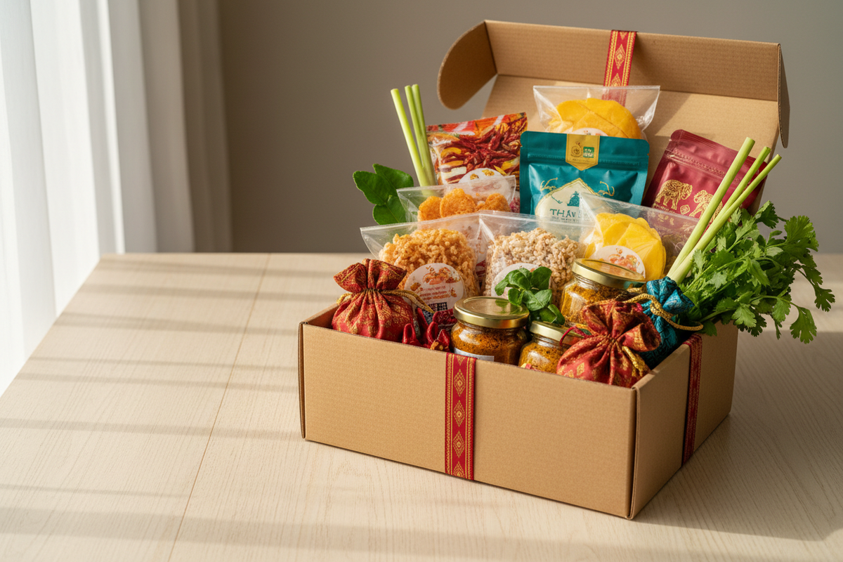 Open Thai food subscription box with snacks and pantry favorites