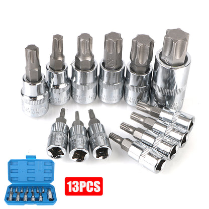 T8-T70 Torx Bit Socket Set 1/4" 3/8" 1/2" Drive Car Removal Tools Socket Wrench Tools 13 Pcs For Ratchet Torque Spanner