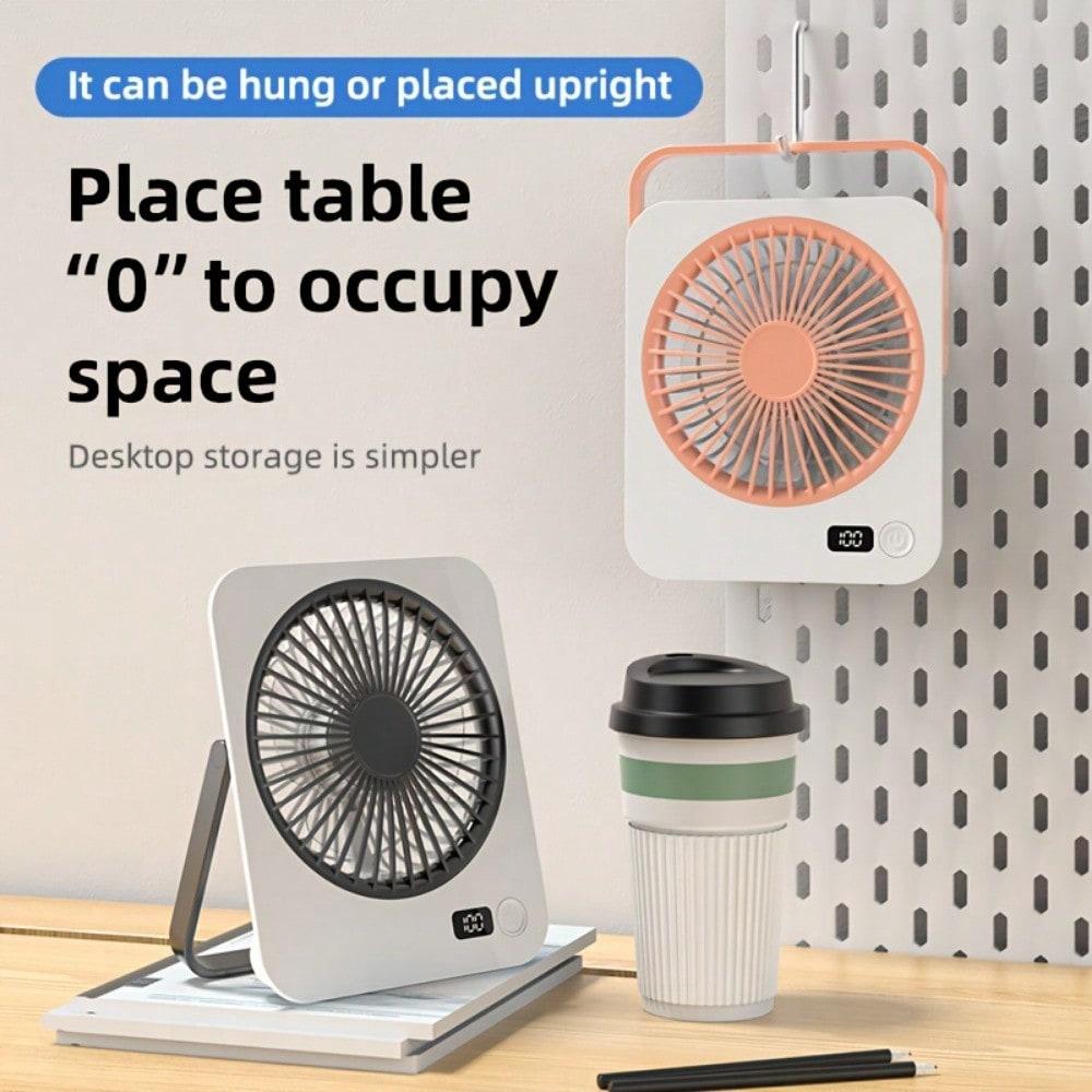 1pc rechargeable USB mini desktop fan, power display, 5-speed ultra quiet personal cooling fan, foldable handle portable fan, suitable for office, home, bedroom, travel, camping