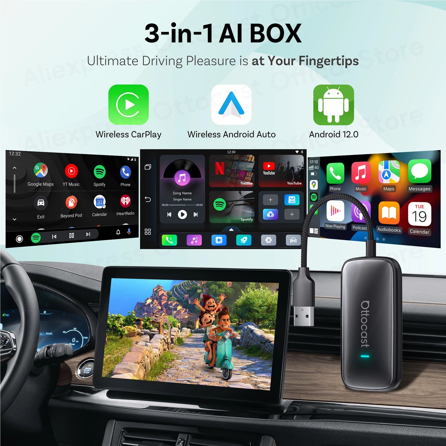 OTTOCAST Play2Video Ultra Wireless CarPlay Android Auto Adapter for Youtube Netflix Car Accessories for Benz Ford VW Kia Toyota