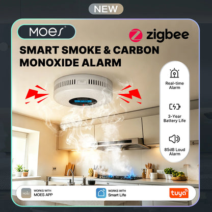 MOES Tuya ZigBee Smoke and Carbon Monoxide Detector 2-in-1 Smart CO Gas Alarm 85dB Siren Home Security App Remote Monitor Sensor