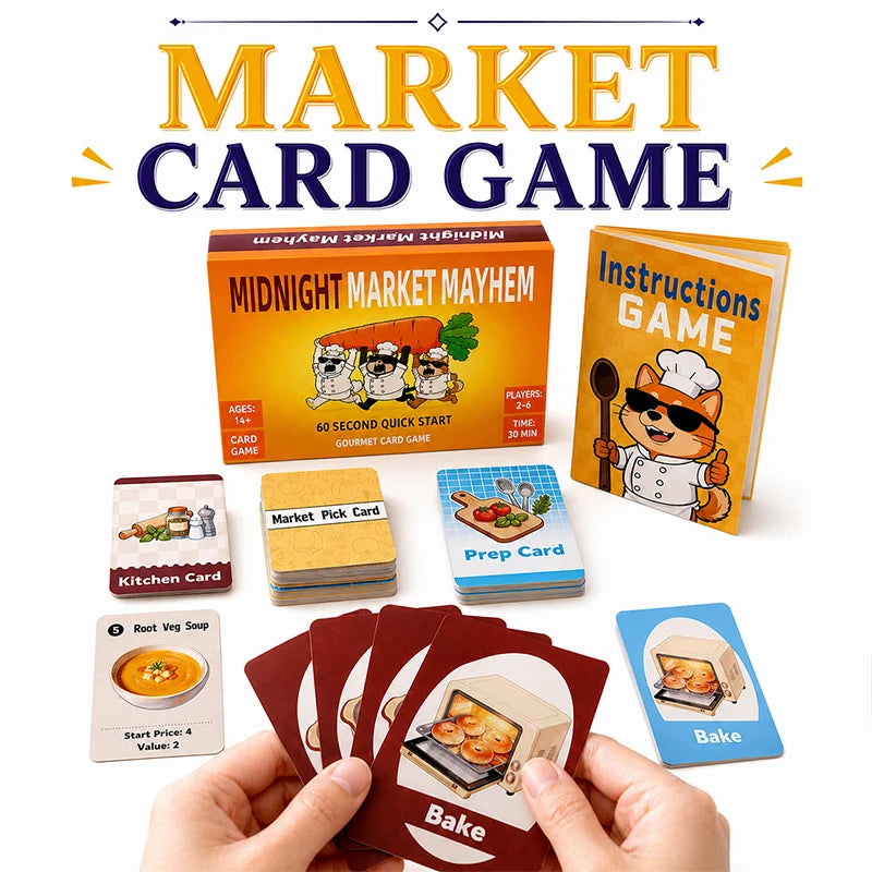 Trading Strategy Card Game for 2-6 Players, Food Theme Game with Open Trades, Secret Market Picks, Price Changes, Team Sets