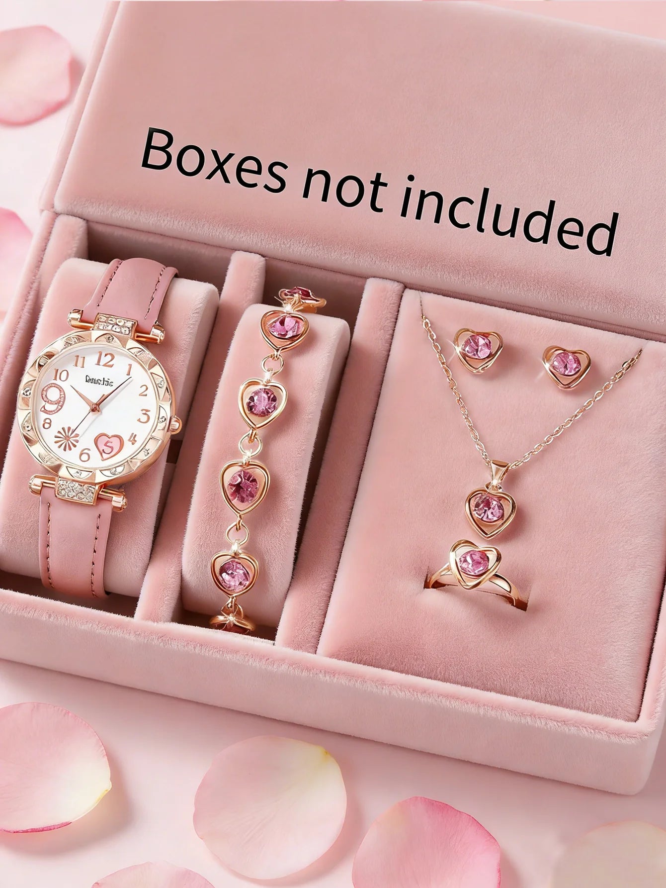 Women's quartz watch and set of inlaid jewelry, gift with heart-shaped fireworks design, does not include the box