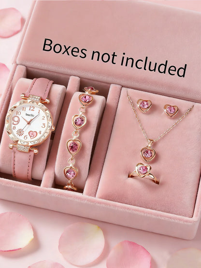 Women's quartz watch and set of inlaid jewelry, gift with heart-shaped fireworks design, does not include the box