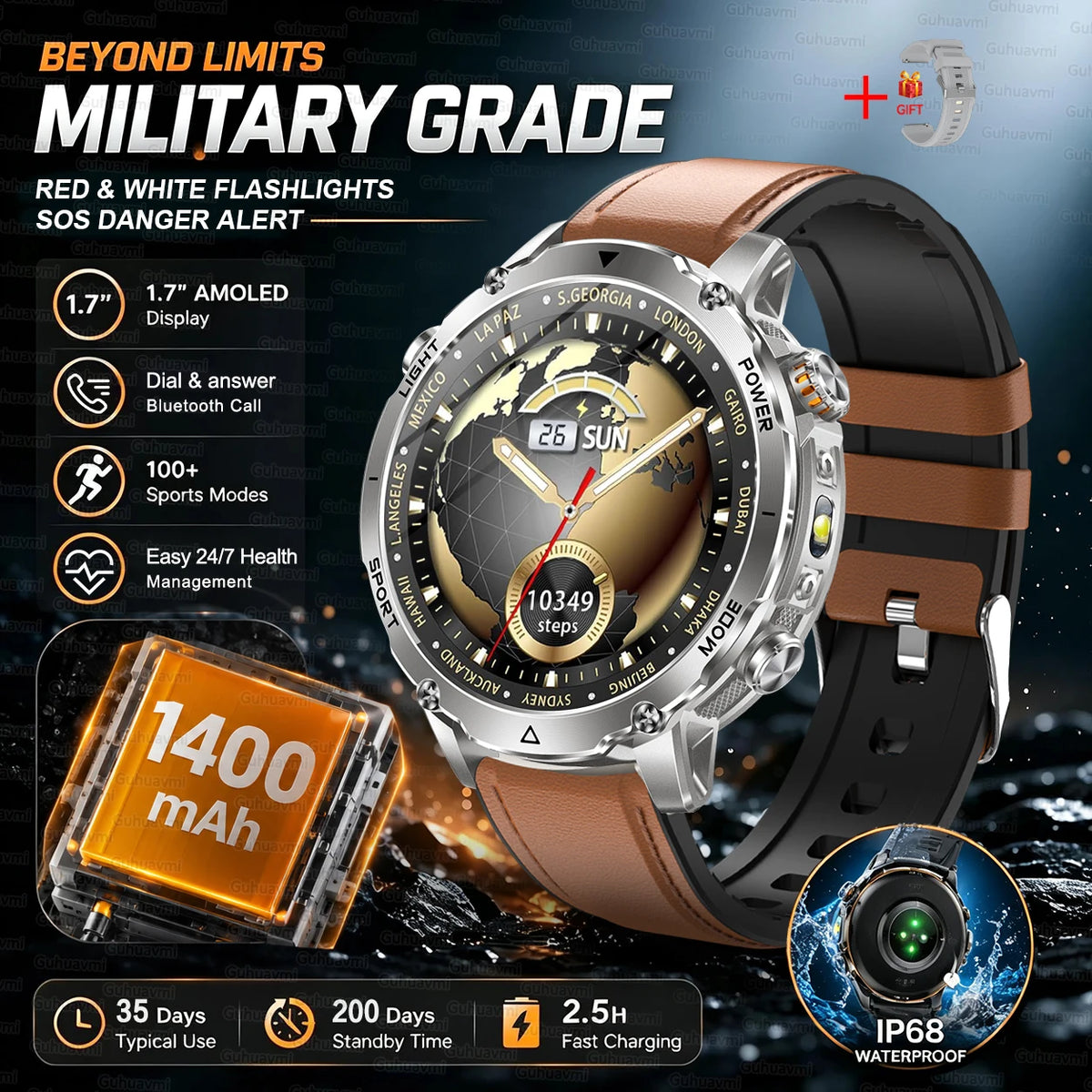 2026 T-REX PRO Hiking GPS Smart Watch 1400mAh 1.7"HD Display 10ATM Waterproof Dual SOS LED Flashlight BT Call Smartbracelet  Men